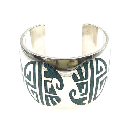 Old Pawn 925 Sterling Silver Vintage Turquoise Inlay Adjustable Wide Bracelet 7"