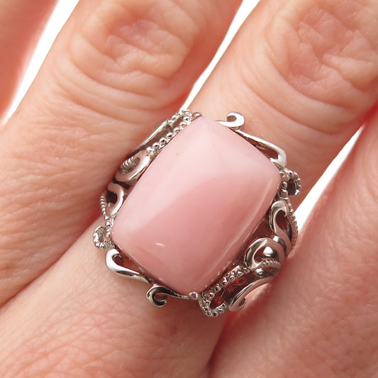 925 Sterling Silver Real Cabochon Pink Opal Floral Scroll Ring Size 6
