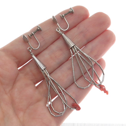 SUNRISE Old Pawn Sterling Silver Coral Liquid Chain Tassel Screw Back Earrings