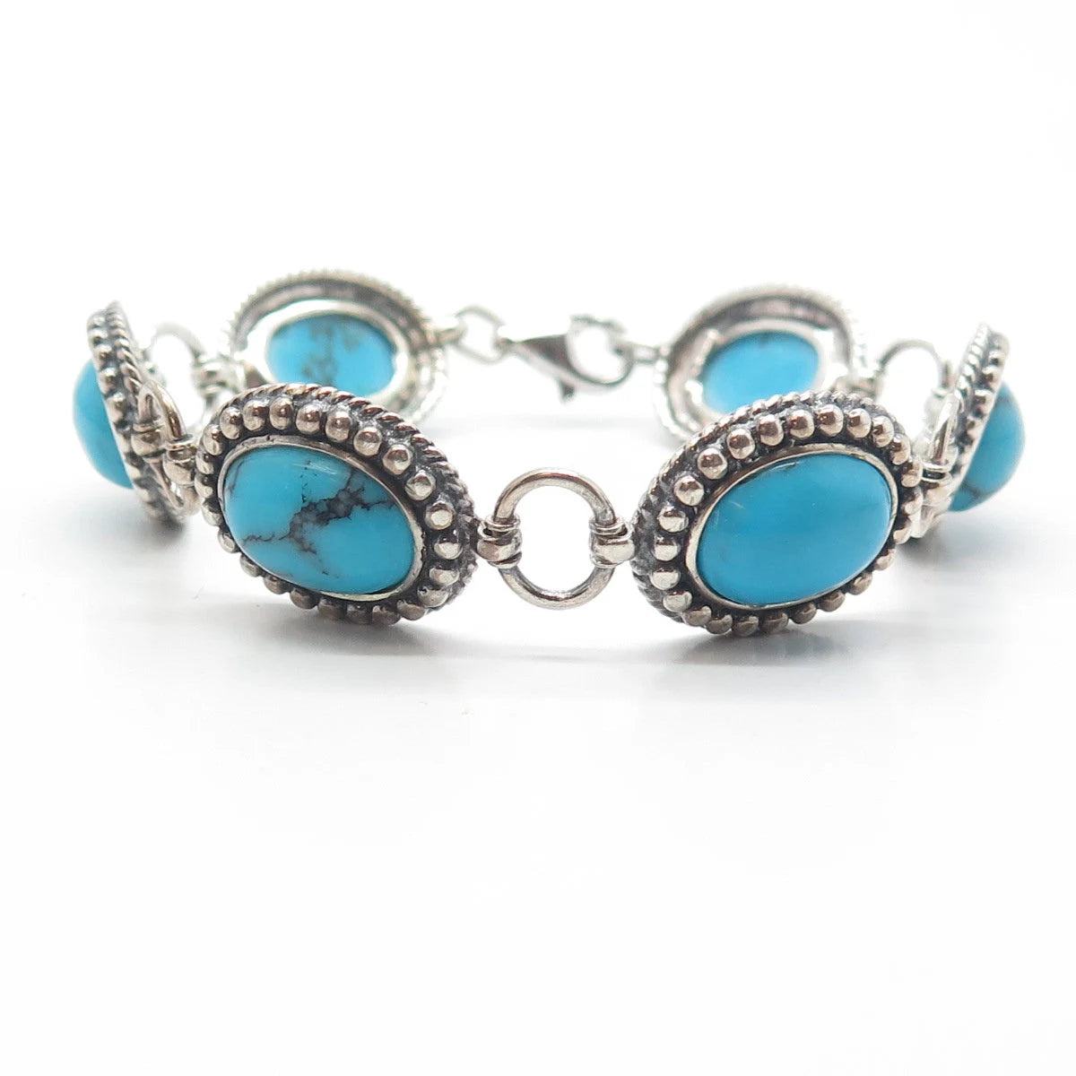 HAN 925 Sterling Silver Vintage Italy Faux Turquoise Tennis Link Bracelet 7.5"