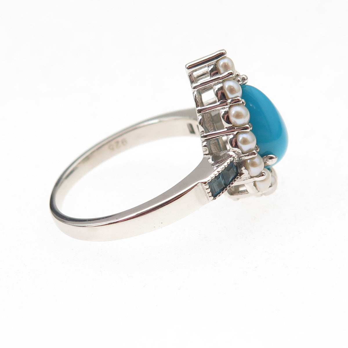 925 Sterling Silver Real Sleeping Beauty Turquoise Pearl Blue Topaz Ring Size 8