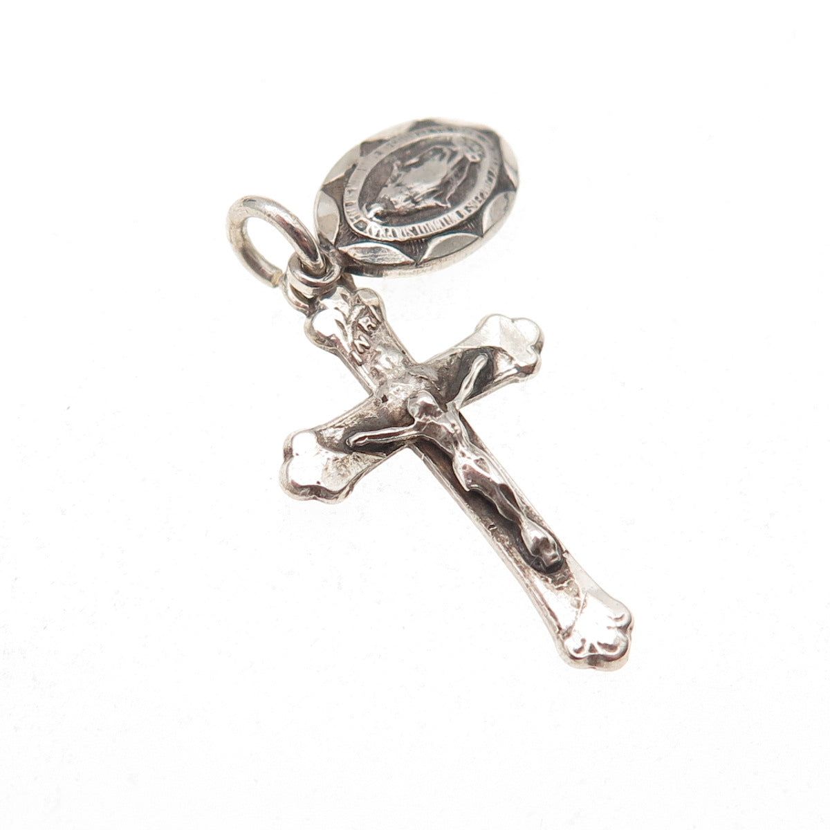 925 Sterling Silver Antique Art Deco Crucifix Cross & St. Mary Charm Pendant