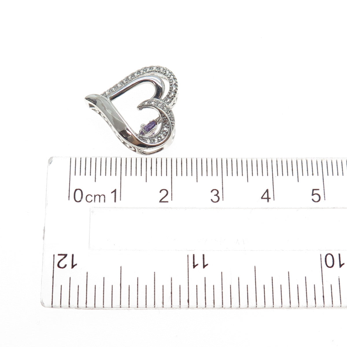 925 Sterling Silver Real Round-Cut Amethyst White Topaz Heart Mini Slide Pendant