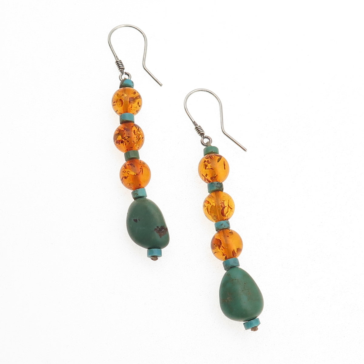 925 Sterling Silver Vintage Real Turquoise & Amber Beaded Dangle Earrings