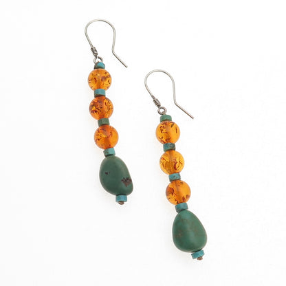 925 Sterling Silver Vintage Real Turquoise & Amber Beaded Dangle Earrings
