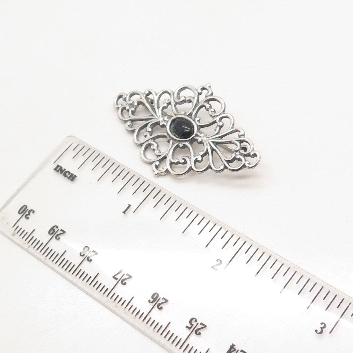 925 Sterling Silver Vintage Real Black Onyx Gem Ornate Pin Brooch
