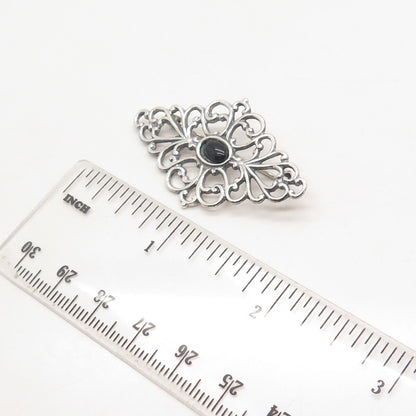 925 Sterling Silver Vintage Real Black Onyx Gem Ornate Pin Brooch