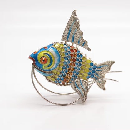 925 Sterling Silver Antique Enamel Articulated Koi Fish Chatelaine Fob Pendant