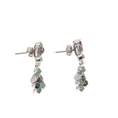 925 Sterling Silver Vintage Real Ruby Emerald & Sapphire Floral Dangle Earrings