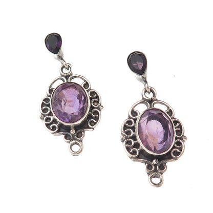 925 Sterling Silver Vintage Real Amethyst Swirl Oxidized Jacket Earrings