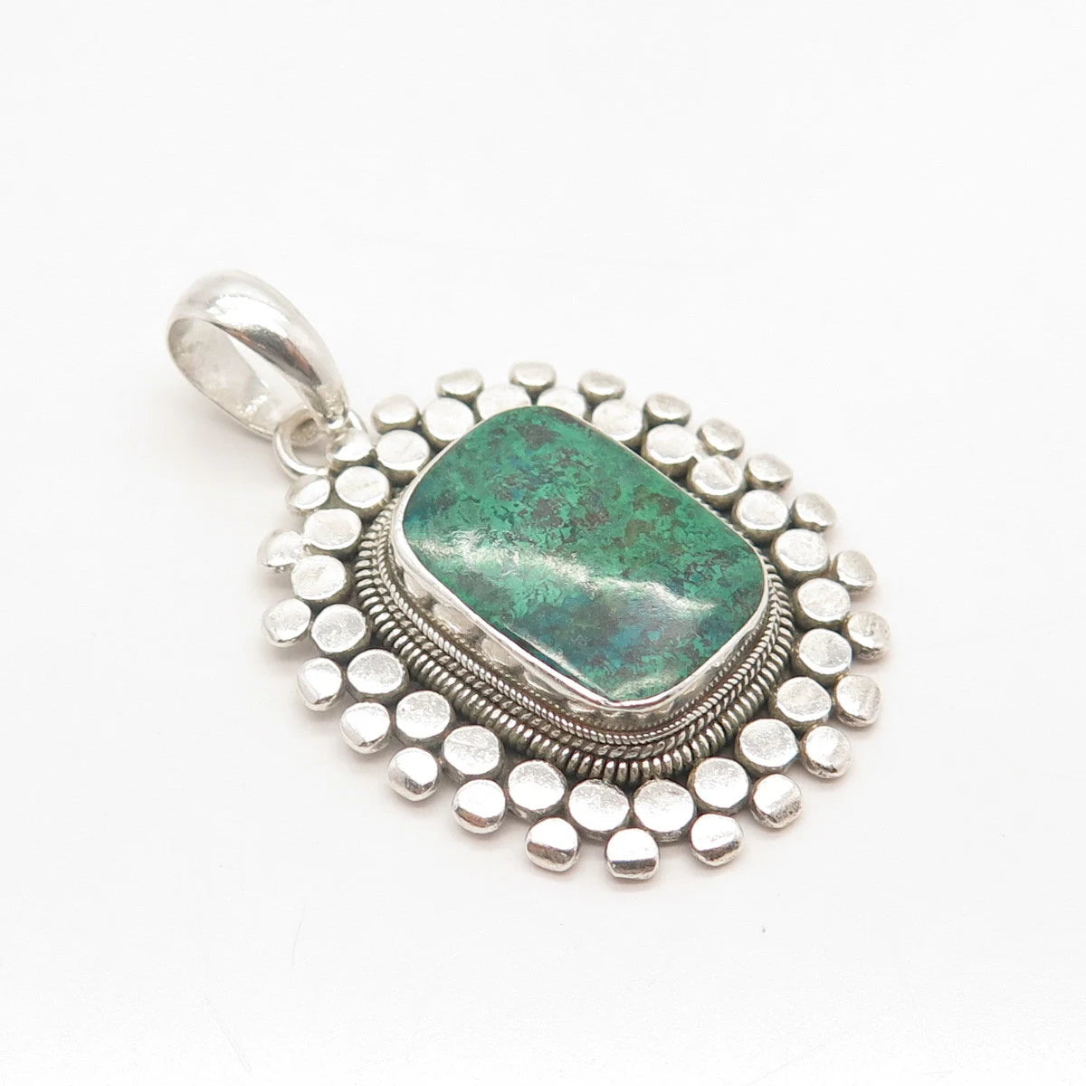 925 Sterling Silver Vintage Real Chrysocolla Gem Dotted Pendant