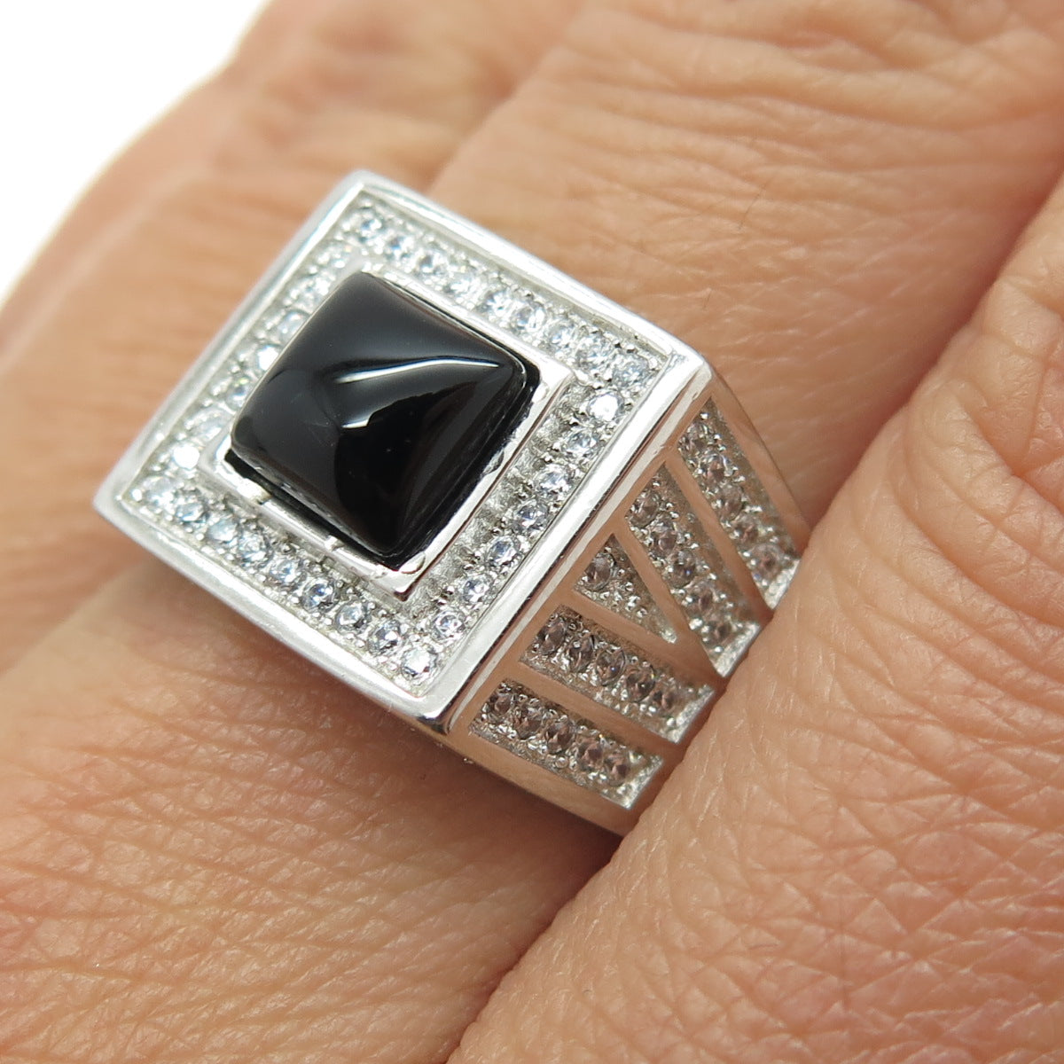 925 Sterling Silver Real Black Onyx & Round-Cut C Z Ring Size 9.25