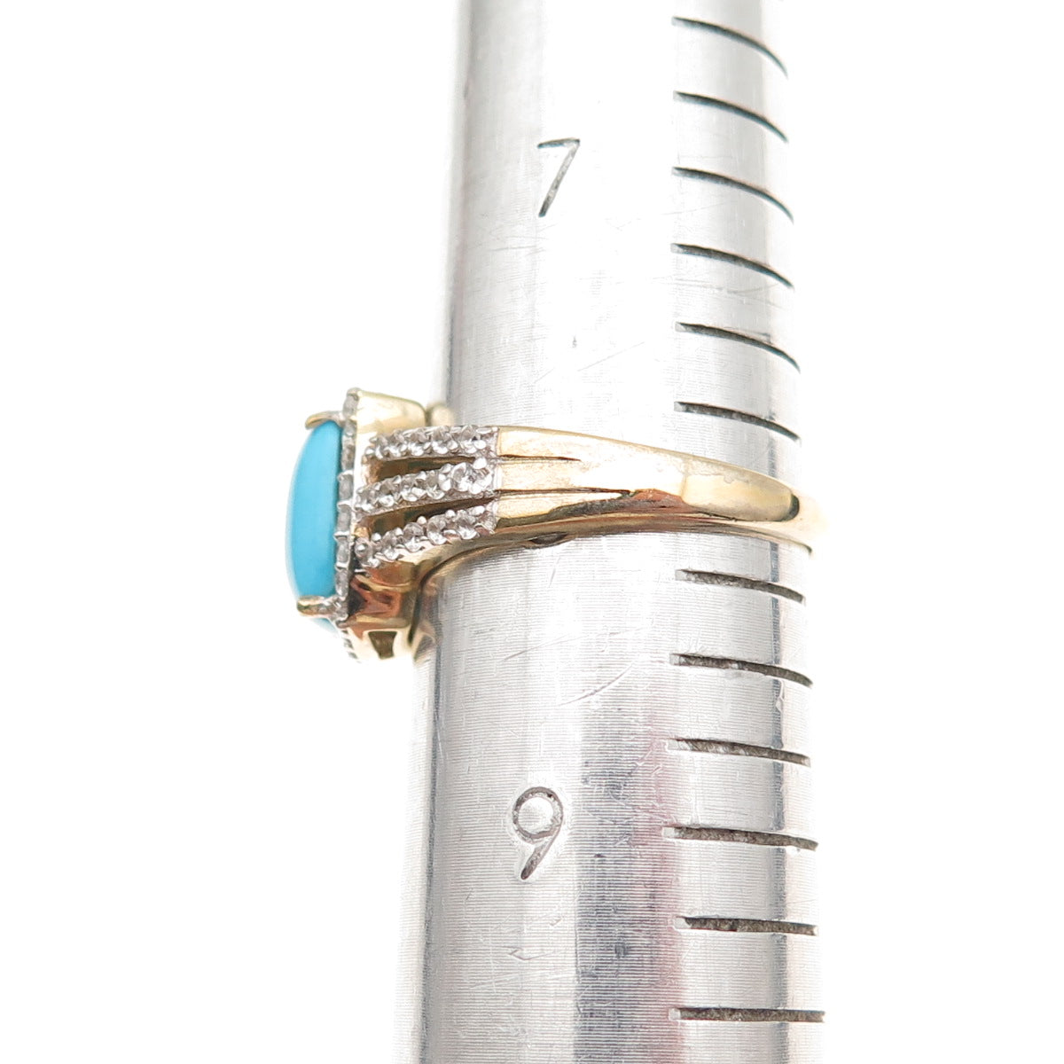 Chuck Clemency 925 Sterling Gold Plated Real Turquoise & White Topaz Ring Size 8