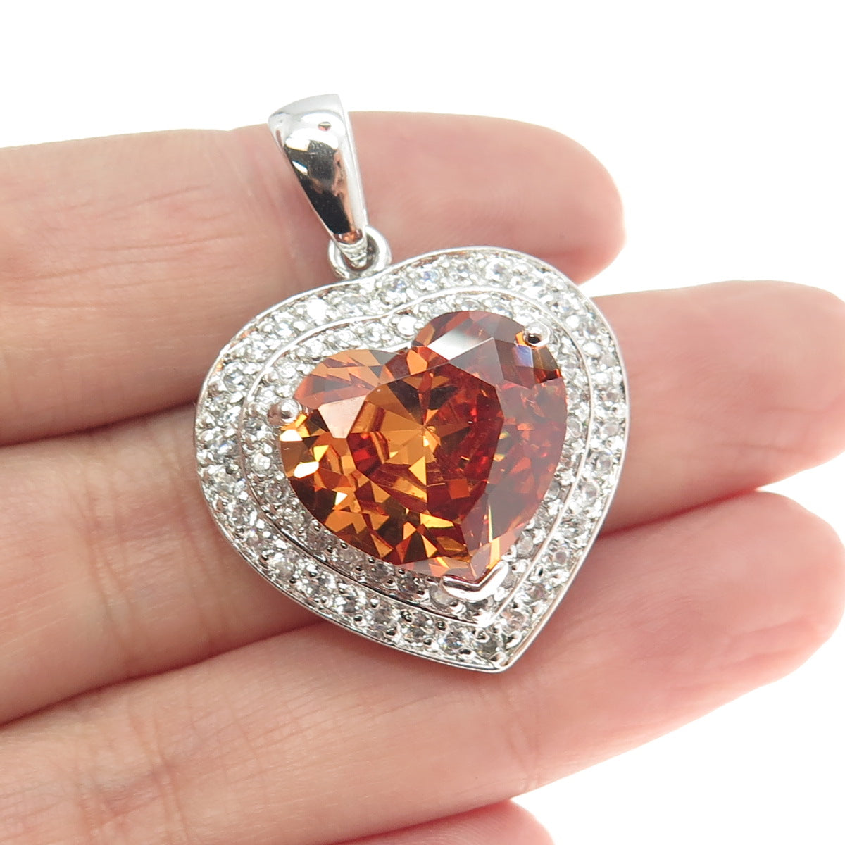 925 Sterling Silver White & Fire C Z Heart Pendant