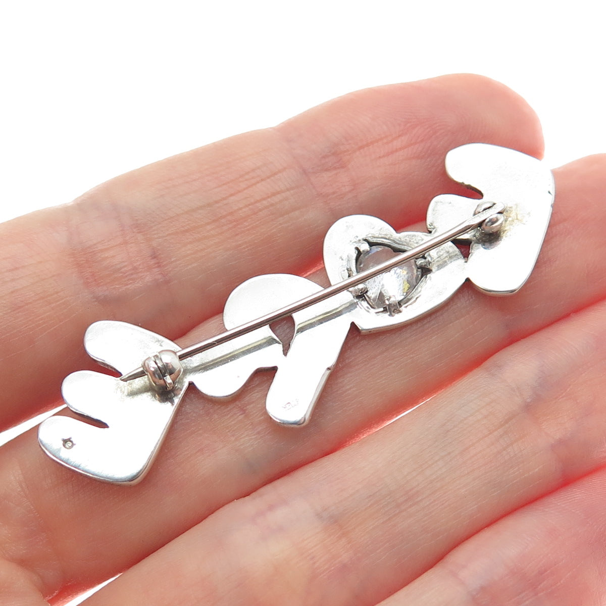 925 Sterling Silver Vintage Heart-Cut C Z Fore Pin Brooch