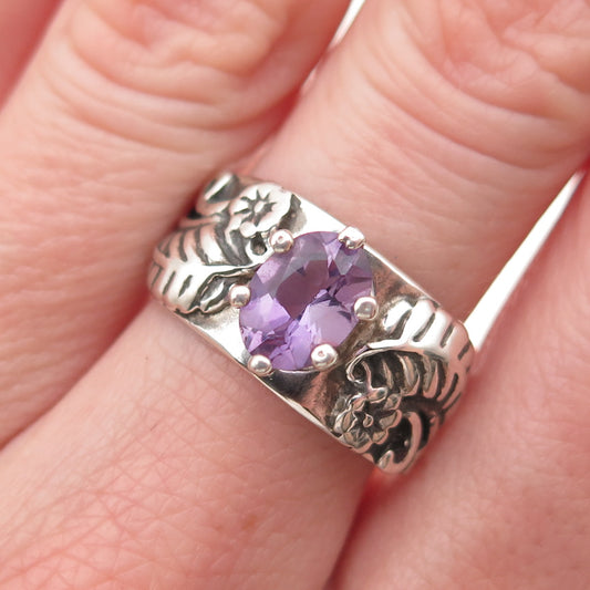 Carolyn Pollack 925 Sterling Silver Vintage Real Amethyst Floral Ring Size 7.25