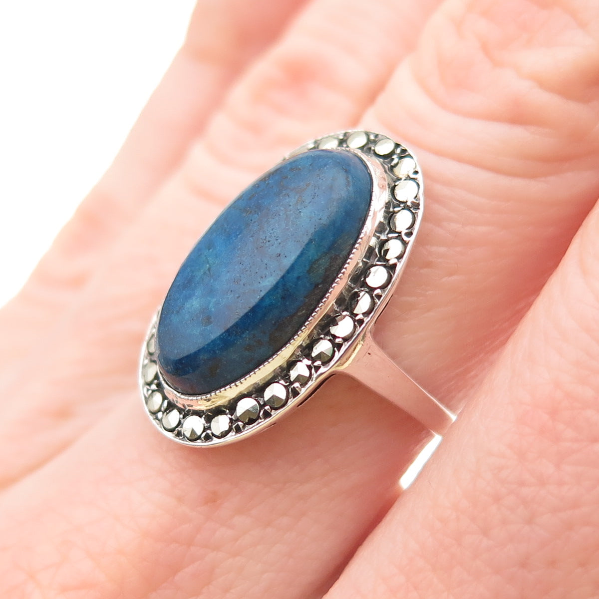 925 Sterling Silver Antique Art Deco Germany Real Lapis & Marcasite Ring Size 6