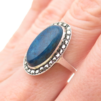 925 Sterling Silver Antique Art Deco Germany Real Lapis & Marcasite Ring Size 6