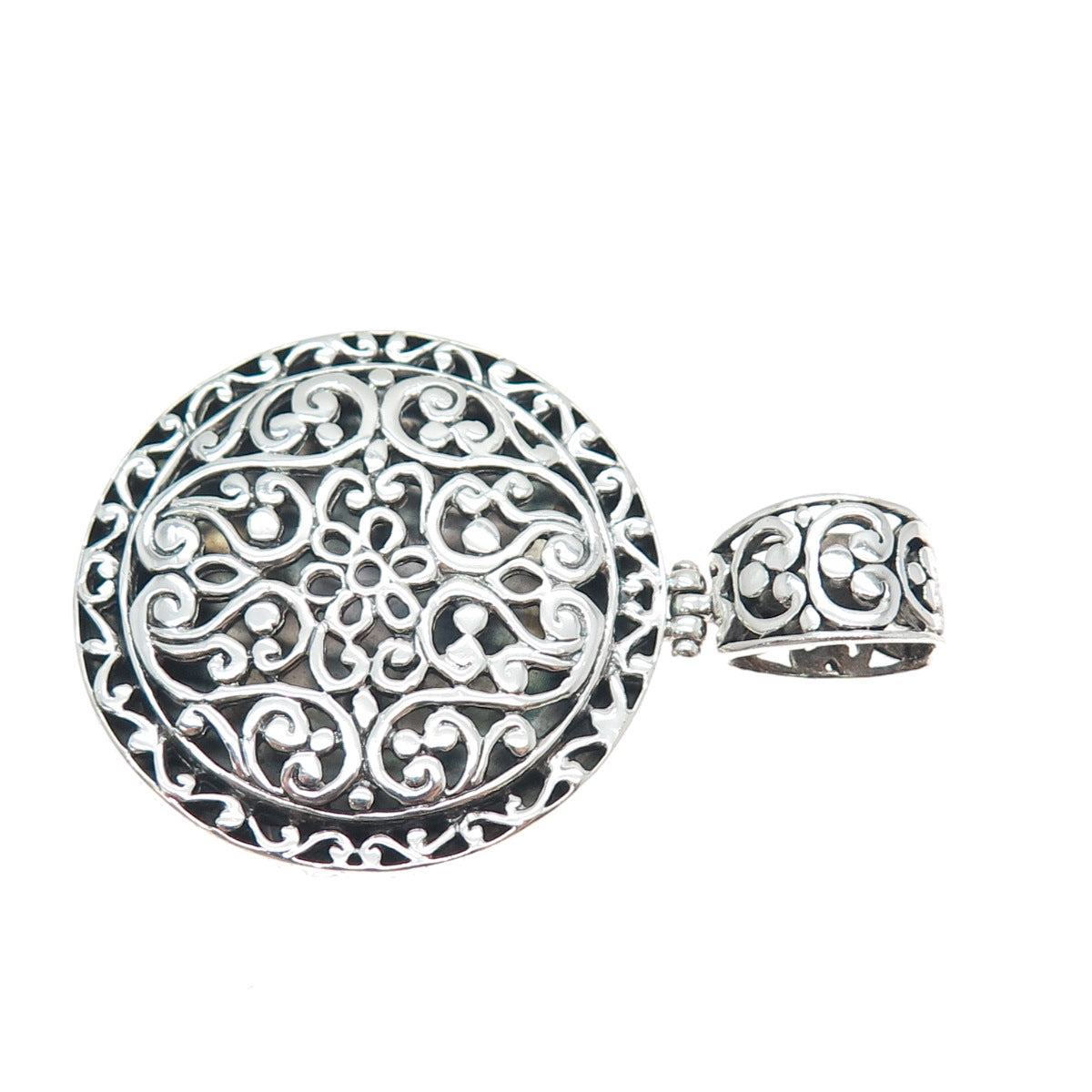 925 Sterling Silver Vintage Ornate Floral Oxidized Pendant