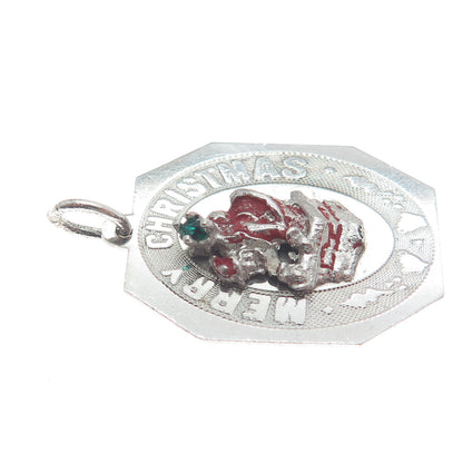 925 Sterling Silver Vintage Enamel & Rhinestone Merry Christmas Charm Pendant