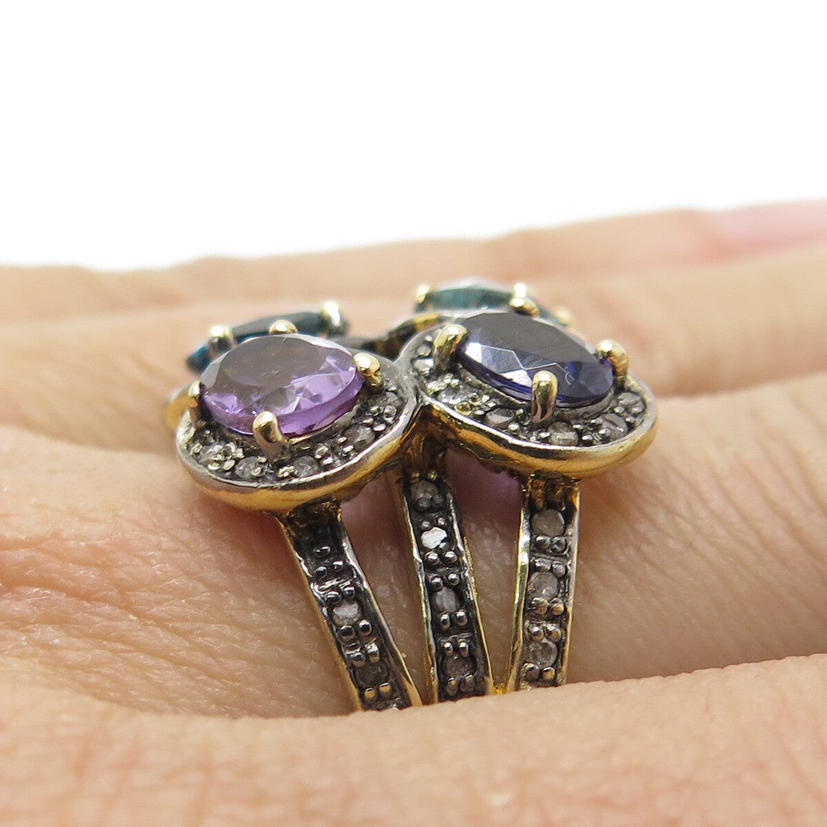 925 Sterling Silver Gold Plated Diamond Amethyst Swiss Blue Topaz Ring Size 7.5