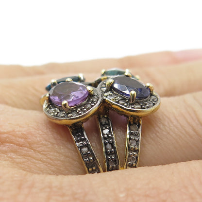 925 Sterling Silver Gold Plated Diamond Amethyst Swiss Blue Topaz Ring Size 7.5