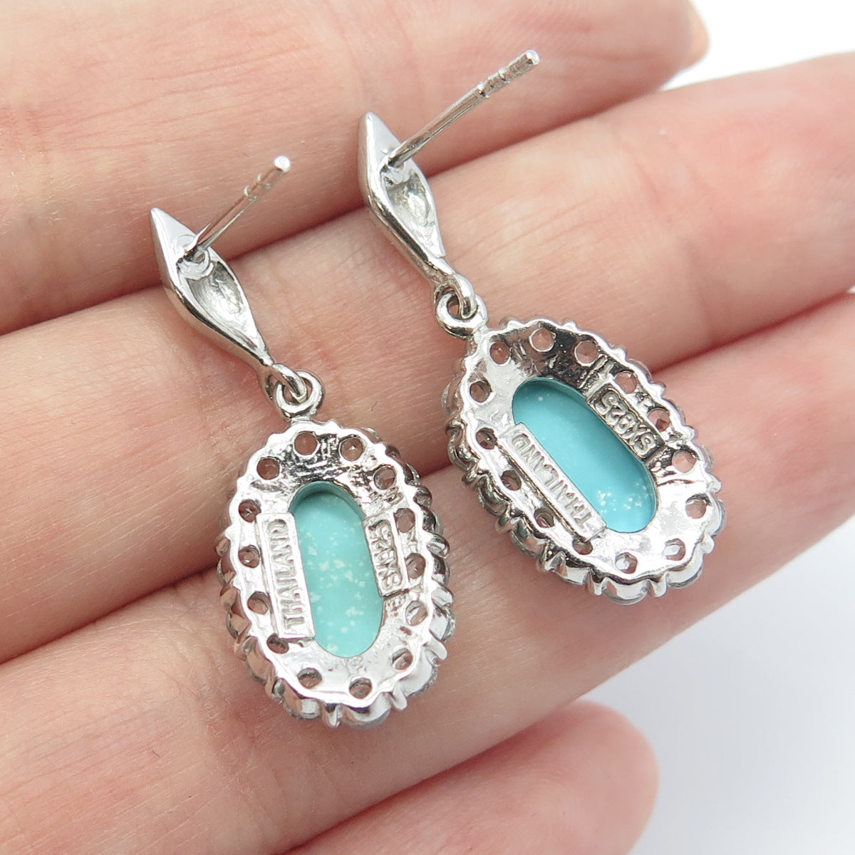 925 Sterling Silver Vintage Real White Topaz & Turquoise Gem Dangling Earrings