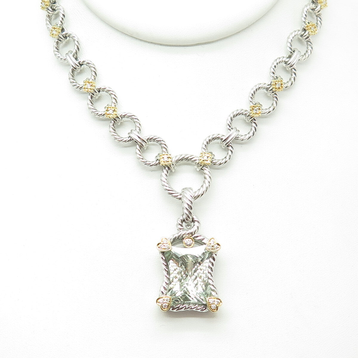 DANWAK 18K Gold Sterling 13 Diamond 0.19ct & Green Amethyst 10.88ct Necklace 16"