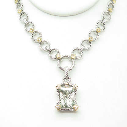 DANWAK 18K Gold Sterling 13 Diamond 0.19ct & Green Amethyst 10.88ct Necklace 16"