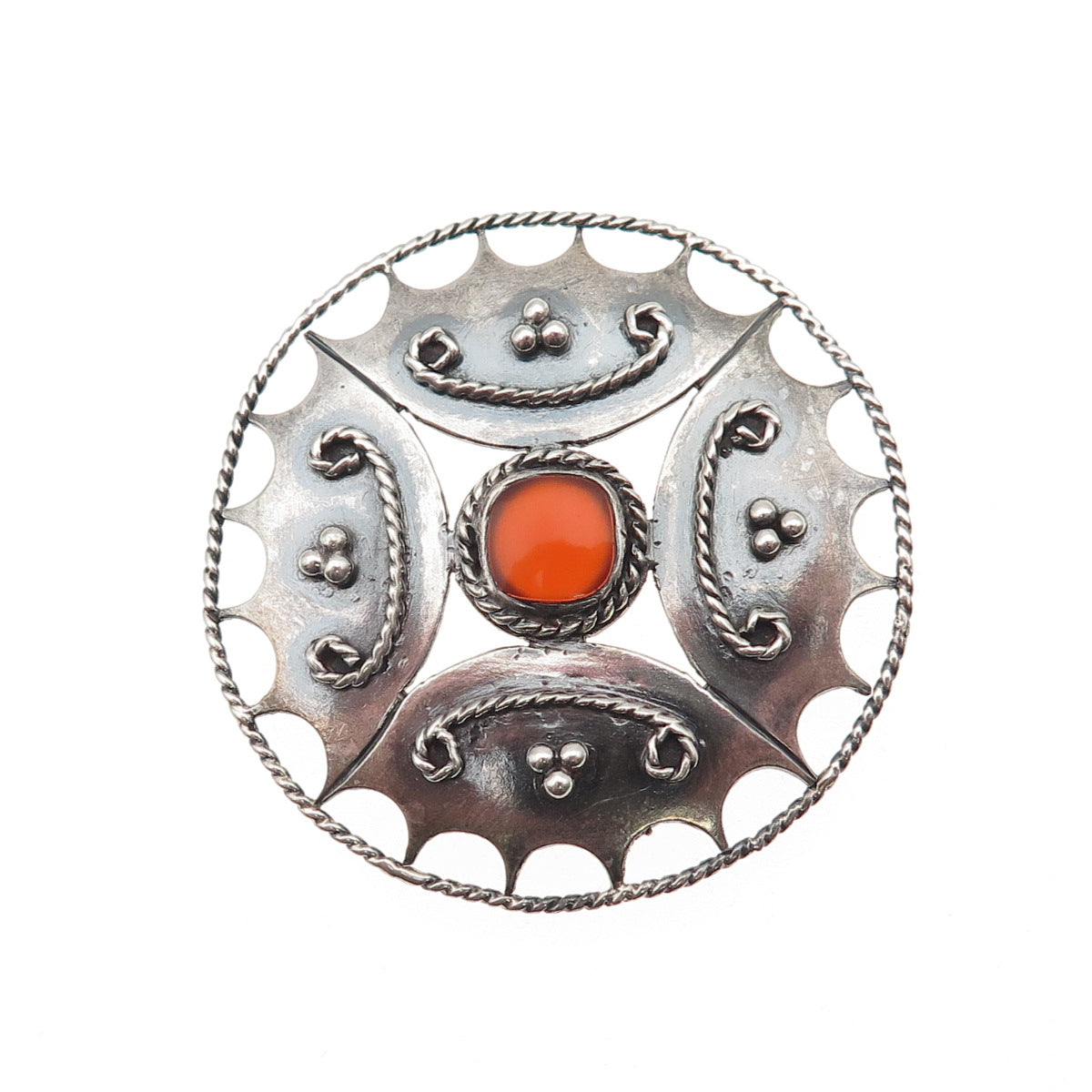 925 Sterling Silver Vintage Real Carnelian Modernist Oxidized Pin Brooch