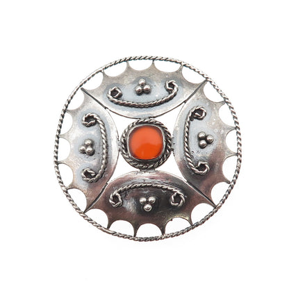 925 Sterling Silver Vintage Real Carnelian Modernist Oxidized Pin Brooch