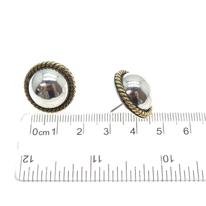 LATON 925 Sterling Silver 2-Tone Vintage Mexico Modernist Roped Dome Earrings