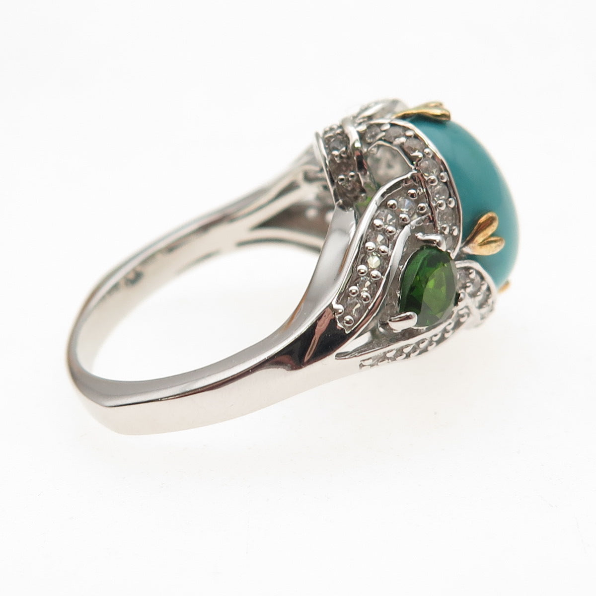 925 Sterling Silver 2-Tone Real Turquoise Peridot & White Topaz Ring Size 8.25