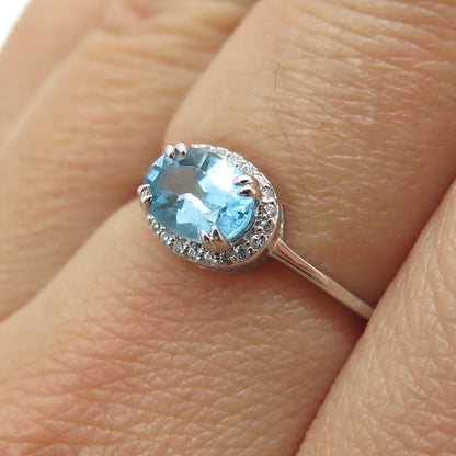 925 Sterling Silver Real Blue Topaz & Round-Cut C Z Ring Size 7.25