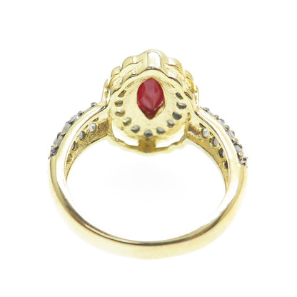 925 Sterling Silver Gold Plated Diamond & Marquis-Cut Ruby Gem Ring Size 6.25