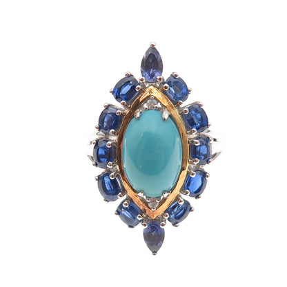 925 Sterling Silver 2-Tone Real Turquoise Sapphire & White Topaz Ring Size 8.25