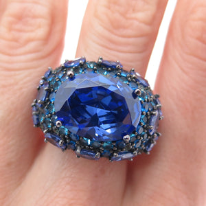 FADI 925 Sterling Silver Oval & Round-Cut Blue C Z Cluster Ring Size 8