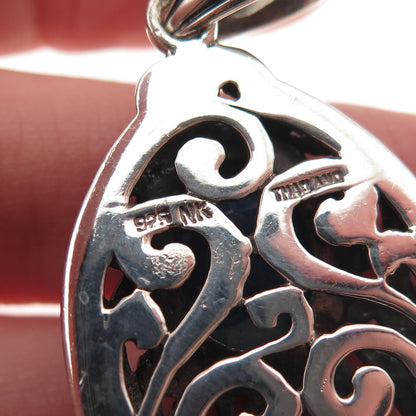 925 Sterling Silver Vintage Real Lapis Scroll Teardrop Oxidized Pendant