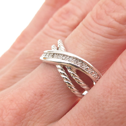 925 Sterling Silver Real Round-Cut Diamond Crisscross Ring Size 7.25