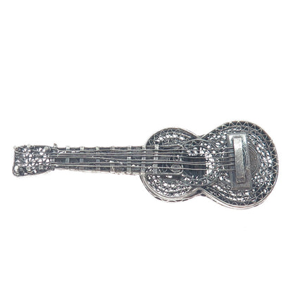 925 Sterling Silver Vintage Mexico Guitar Filigree Oxidized Pin Brooch