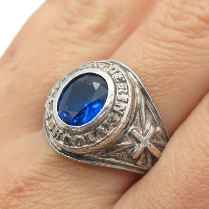 925 Sterling Silver Vintage 1974 Blue Glass St. Catherine School Ring Size 12