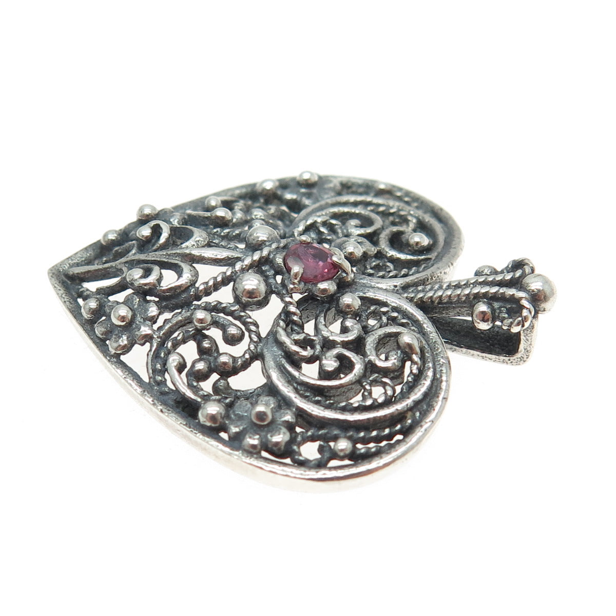 FRANKLIN MINT 925 Sterling Silver Vintage Ruby Gem Heart Ornate Oxidized Pendant