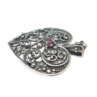 FRANKLIN MINT 925 Sterling Silver Vintage Ruby Gem Heart Ornate Oxidized Pendant