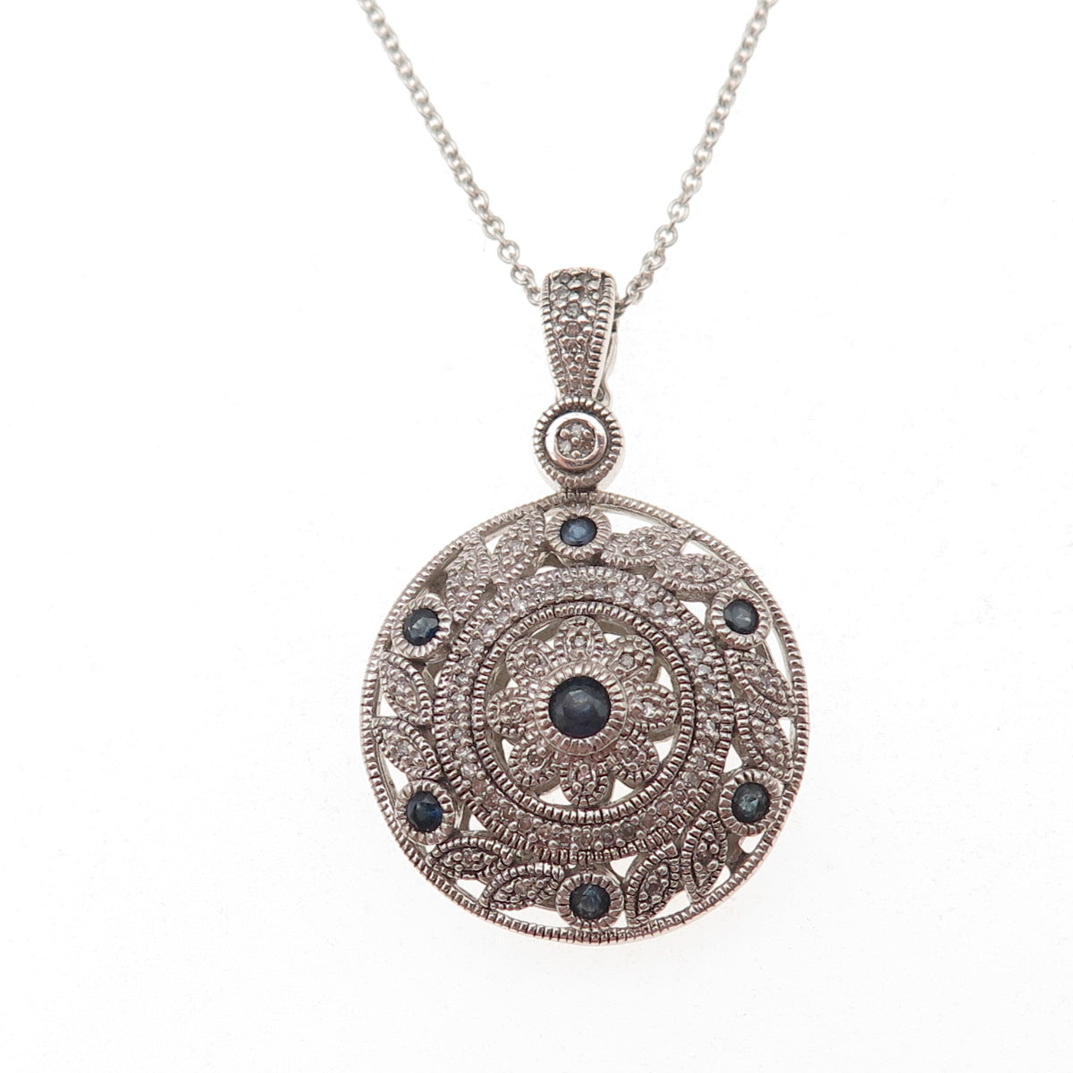 925 Sterling Silver Real Diamond & Sapphire Floral Disc Cable Chain Necklace 18"