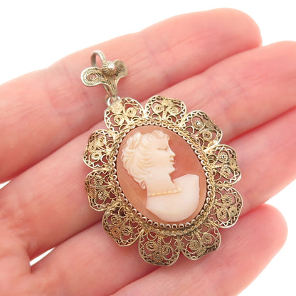 900 Silver Gold Plated Vintage Real MOP Carved Lady Cameo Pin Brooch / Pendant