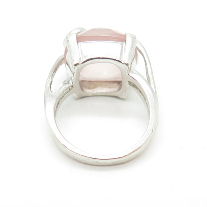 925 Sterling Silver Vintage Real Rose Quartz Modernist Ring Size 7