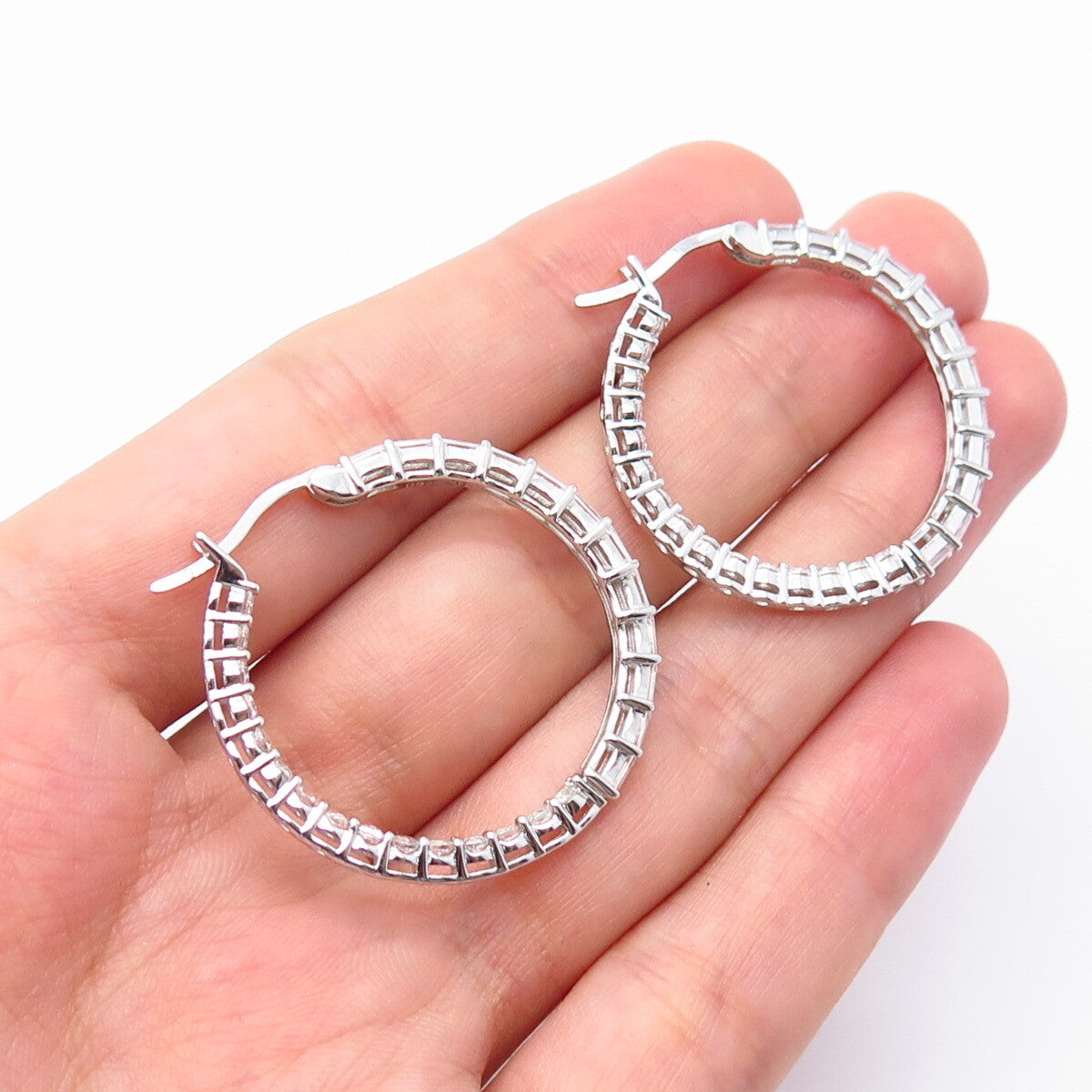 925 Sterling Silver C Z In and Out Round Hoop Earrings