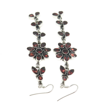 925 Sterling Silver Vintage Real Multi-Cut Red Garnet Floral Dangling Earrings