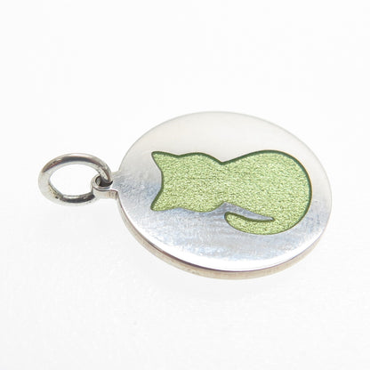 925 Sterling Silver Lime Green Enamel Cat Round Tag Minimalist Charm Pendant