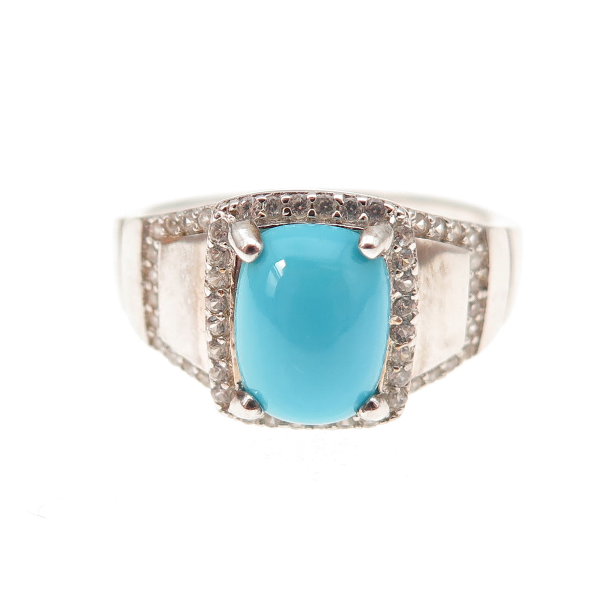 925 Sterling Silver Real Sleeping Beauty Turquoise & White Topaz Ring Size 8.25